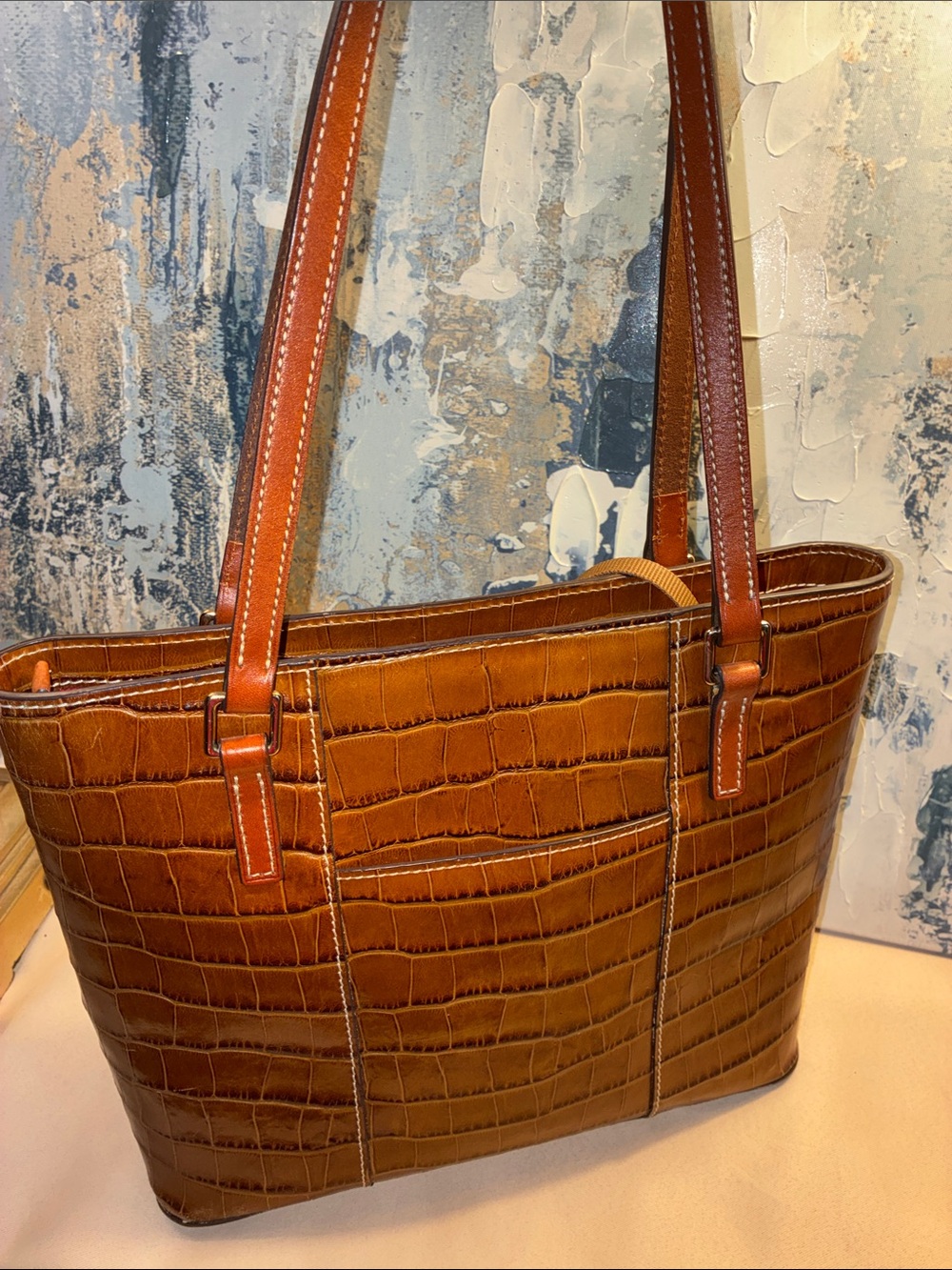 Genuine Dooney & Bourke Croc-Embossed Brown Leather Tote Bag - Picture 2 of 16